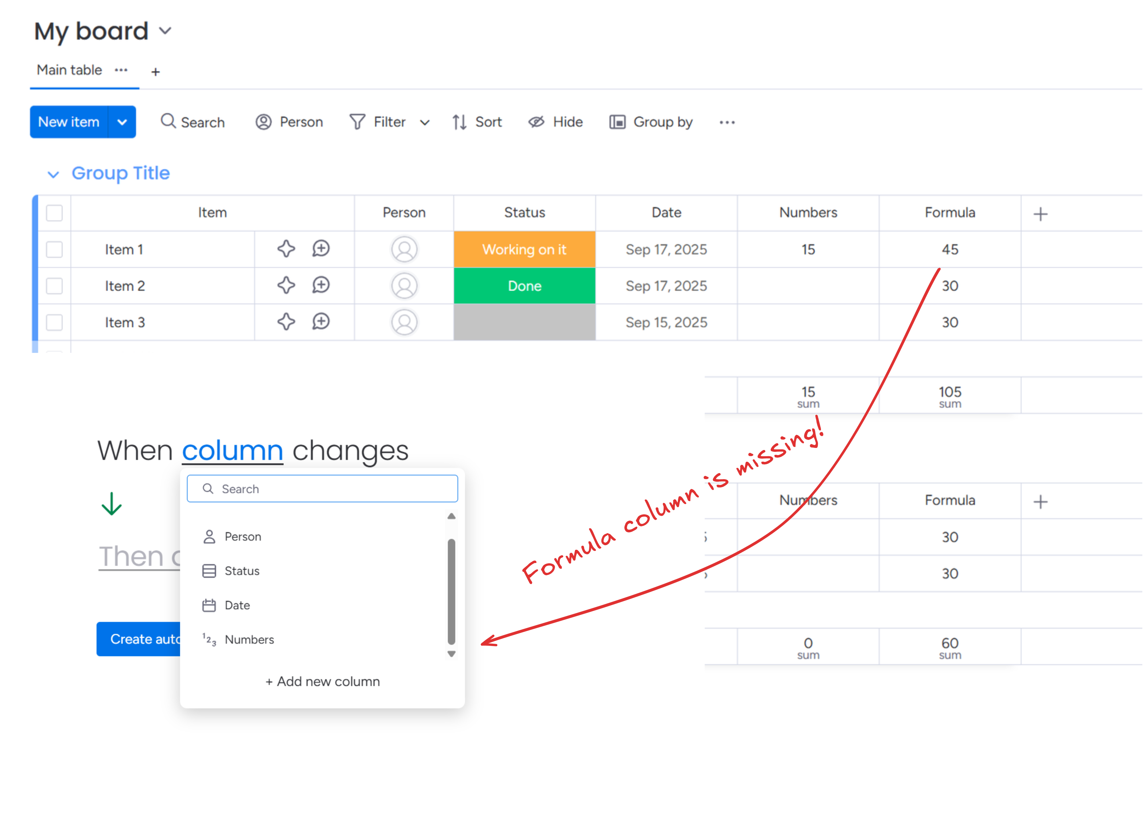 Formula columns are missing from the monday.com automation trigger dropdown