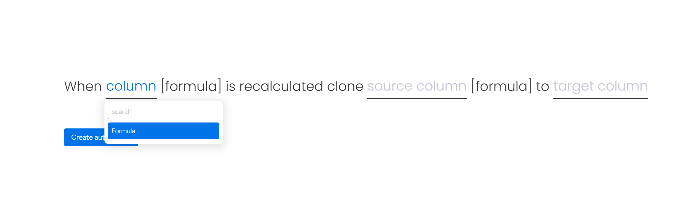 Column to Column automation recipe: When formula recalculates, copy to Budget Remaining (Copy) — followed by native automation when value is less than 0, change Status to Over Budget