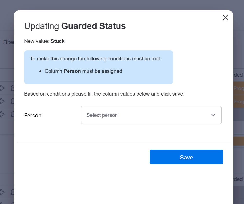 show all statuses, but require to fill details in form